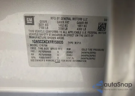 2015 Chevrolet Tahoe Ltz from USA, damaged, VIN 1GNSCCKCXFR158835